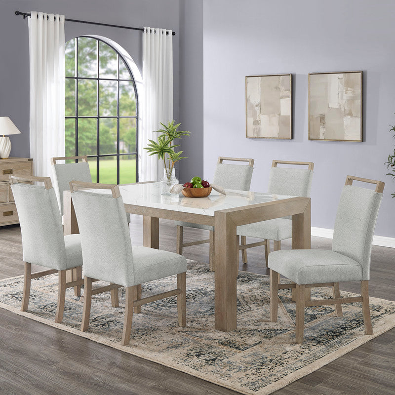 Louisa 7Pc 66" Rectangular White Faux Marble Top Dining Set in Light Oak Finish
