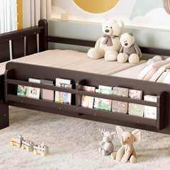 Twin Size Floor Bed with Storage Bookcases, Solid Wood Kids Floor Bed with Cute Stairs and Guardrails, No Box Spring Needed, Espresso