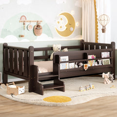 Twin Size Floor Bed with Storage Bookcases, Solid Wood Kids Floor Bed with Cute Stairs and Guardrails, No Box Spring Needed, Espresso