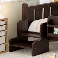 Twin Size Floor Bed with Storage Bookcases, Solid Wood Kids Floor Bed with Cute Stairs and Guardrails, No Box Spring Needed, Espresso