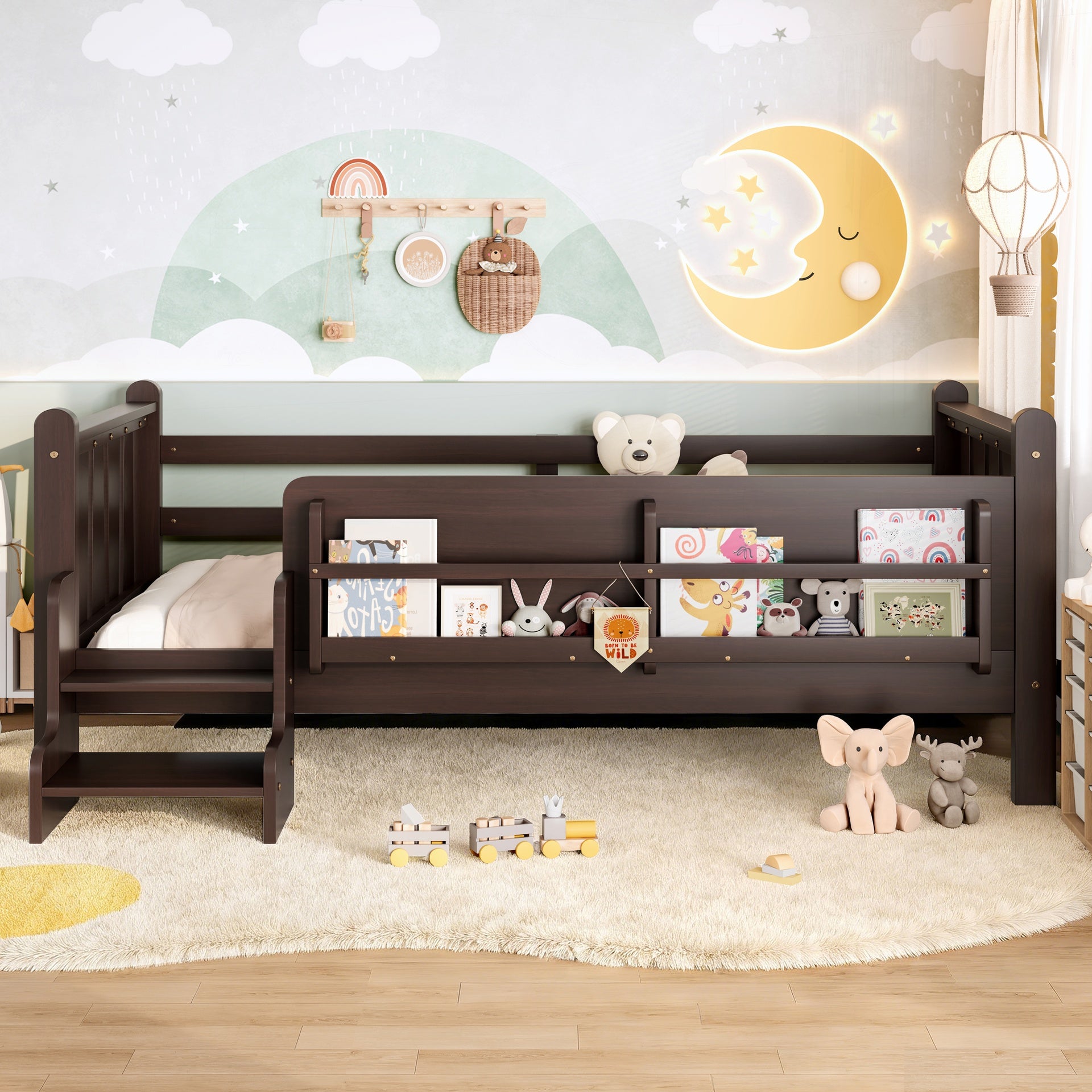Twin Size Floor Bed with Storage Bookcases, Solid Wood Kids Floor Bed with Cute Stairs and Guardrails, No Box Spring Needed, Espresso