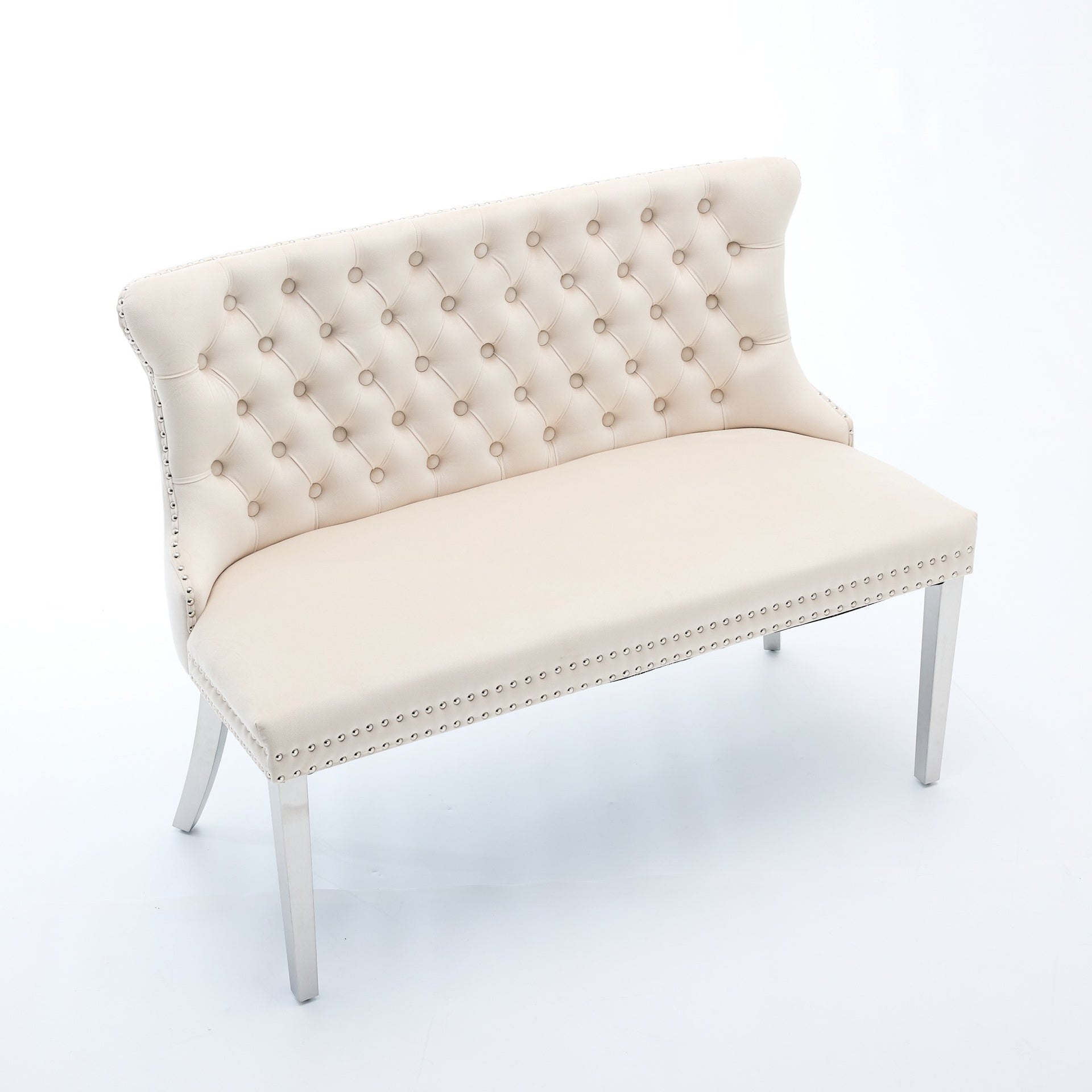 Velvet Double Dining Loveseat Bench, Kitchen & Dining Seating, 2-Seat Tufted Bench w/Handmade Buttons, Wing Back, Brushed Silver Stainless Steel Legs, Mid Century Modern,Single Pack,Beige,SW1702BG