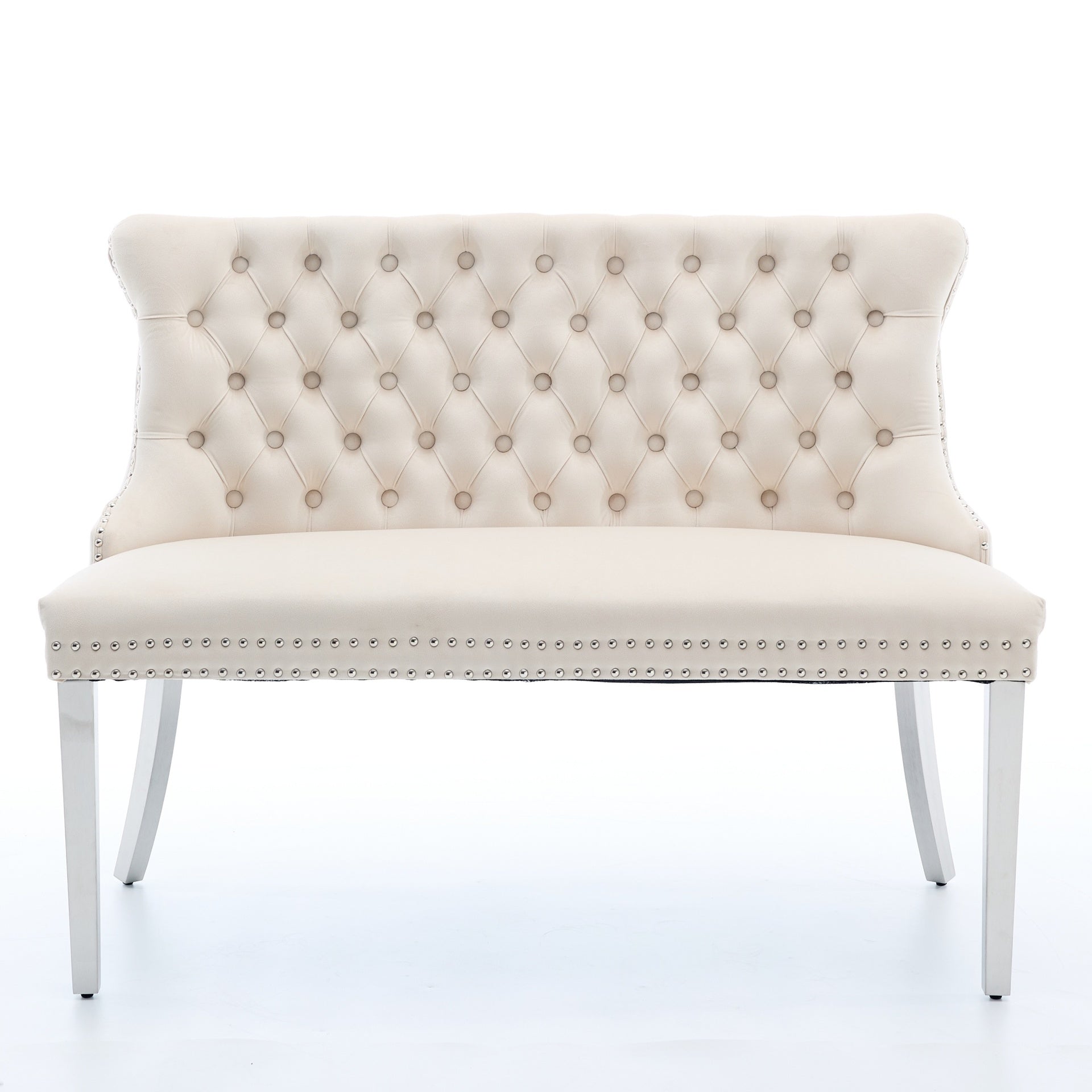 Velvet Double Dining Loveseat Bench, Kitchen & Dining Seating, 2-Seat Tufted Bench w/Handmade Buttons, Wing Back, Brushed Silver Stainless Steel Legs, Mid Century Modern,Single Pack,Beige,SW1702BG