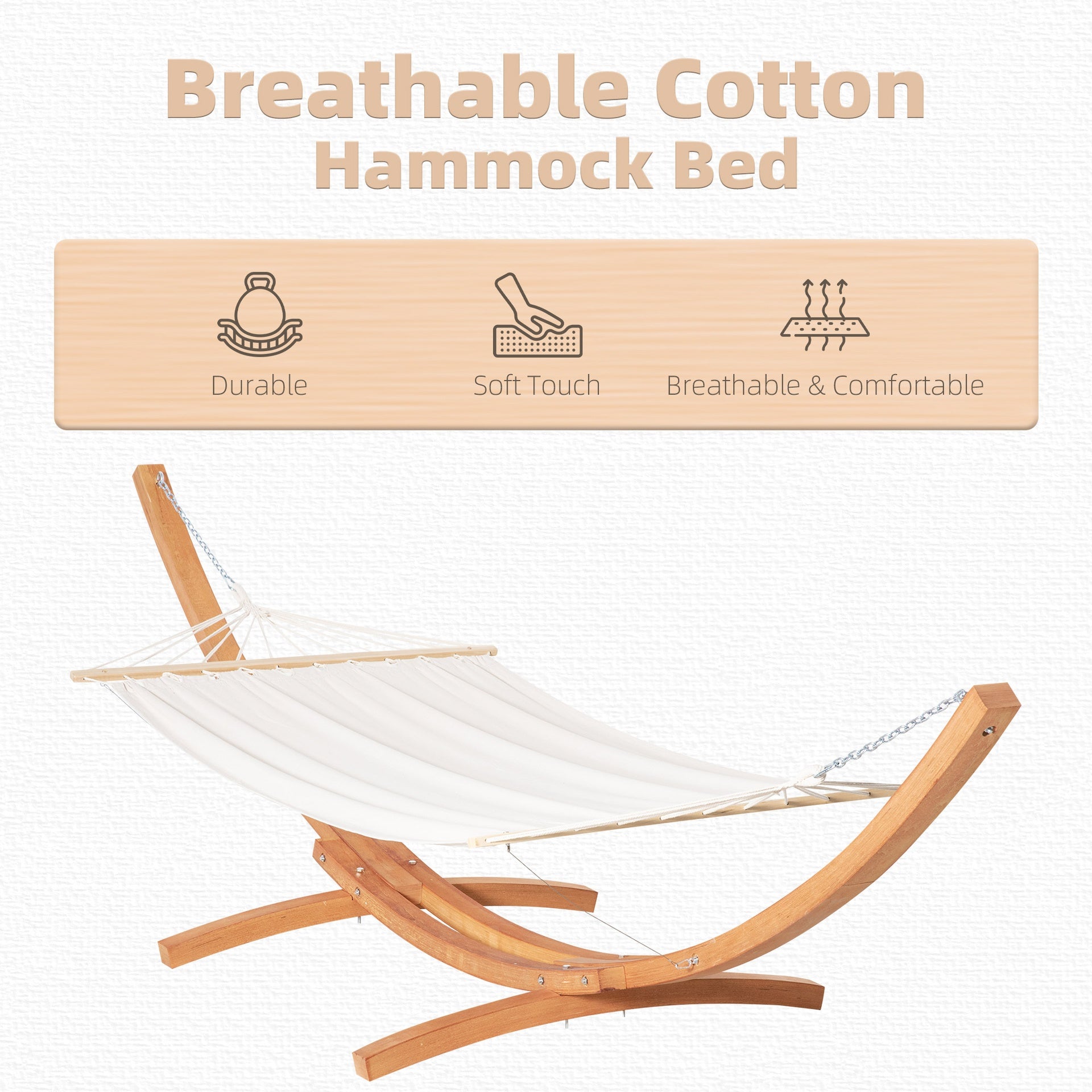Outsunny Outdoor Hammock with Stand, Extra Large Heavy Duty Wooden Frame, No Tree Needed, 12.8' Indoor Outside Boho Style Nap Bed, Natural Cotton, White