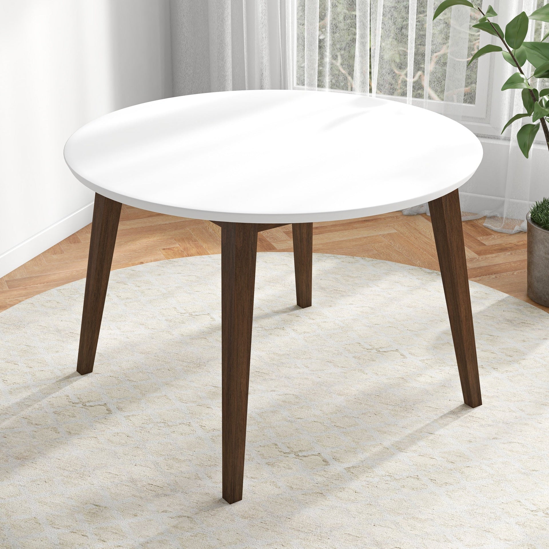 Minimalist Mid Century Modern White Top Dining Table with Solid Wood Legs and MDF Tabletop 39.4" for Kitchen, Dining Room, Dinette, Breakfast