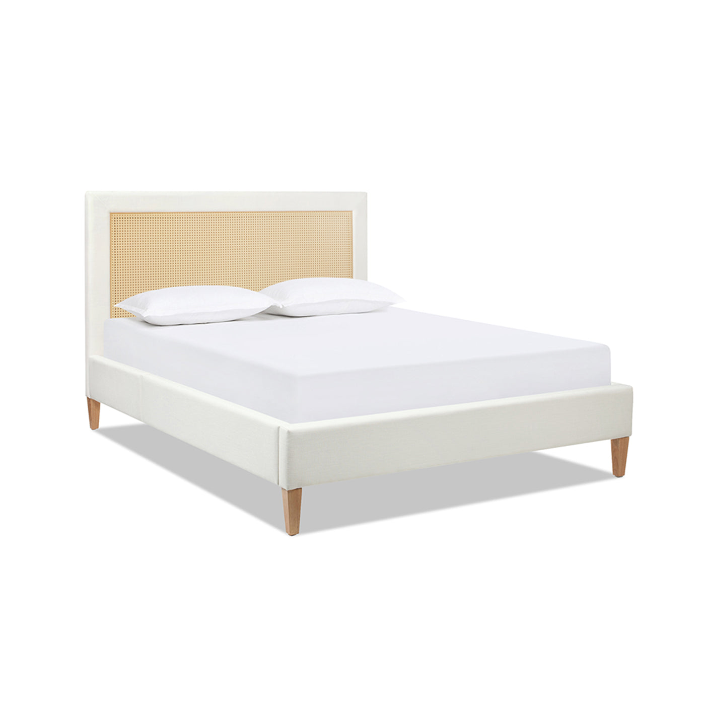 Haley Upholstered Cane-Back Platform Bed, Queen, Antique White Polyester