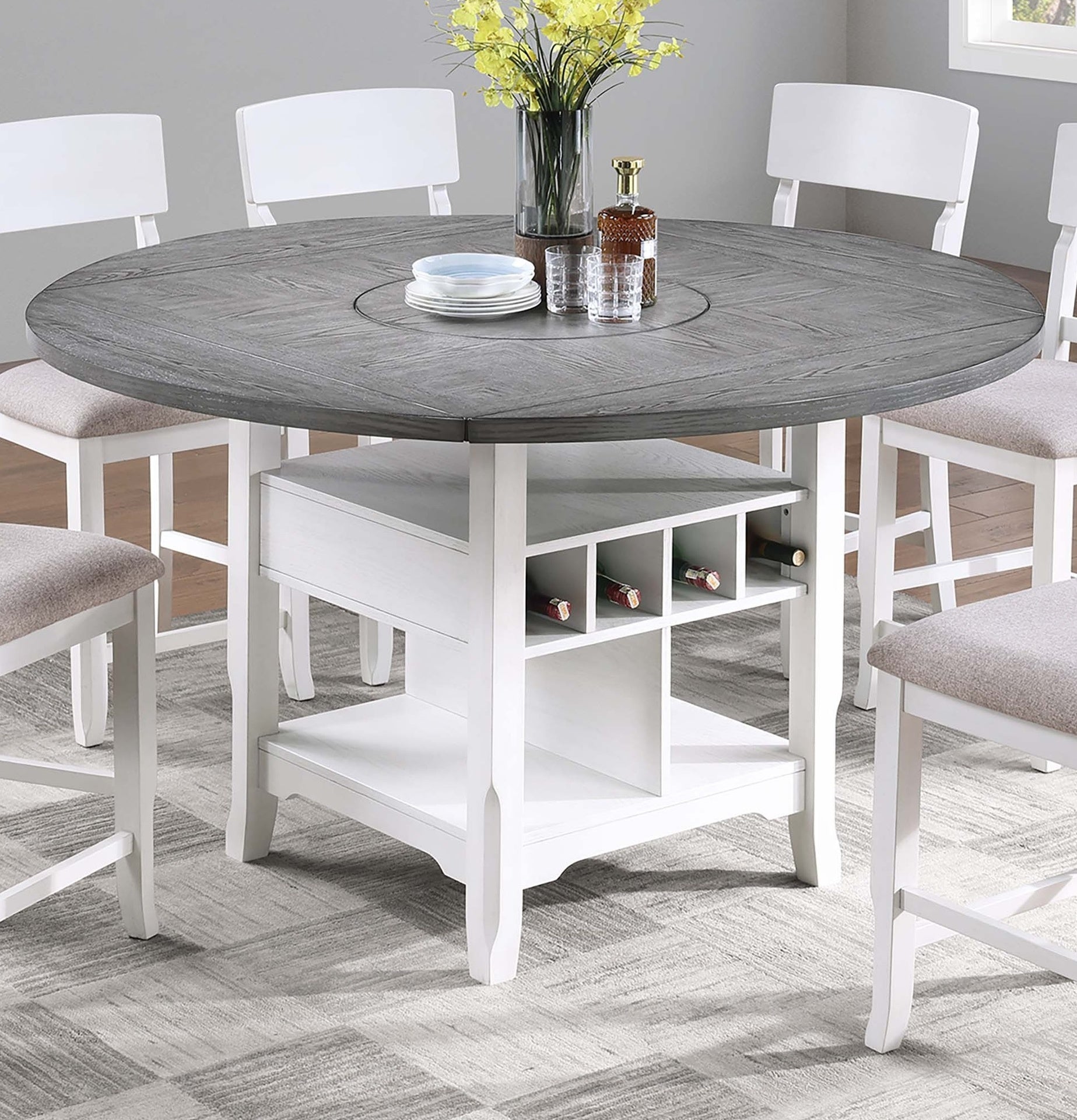 Dining Room Antique White / Gray 1pc Counter Height Table w Built in Lazy Suzan Storage Shelf Dining Table Bottom Functional Kitchen Table