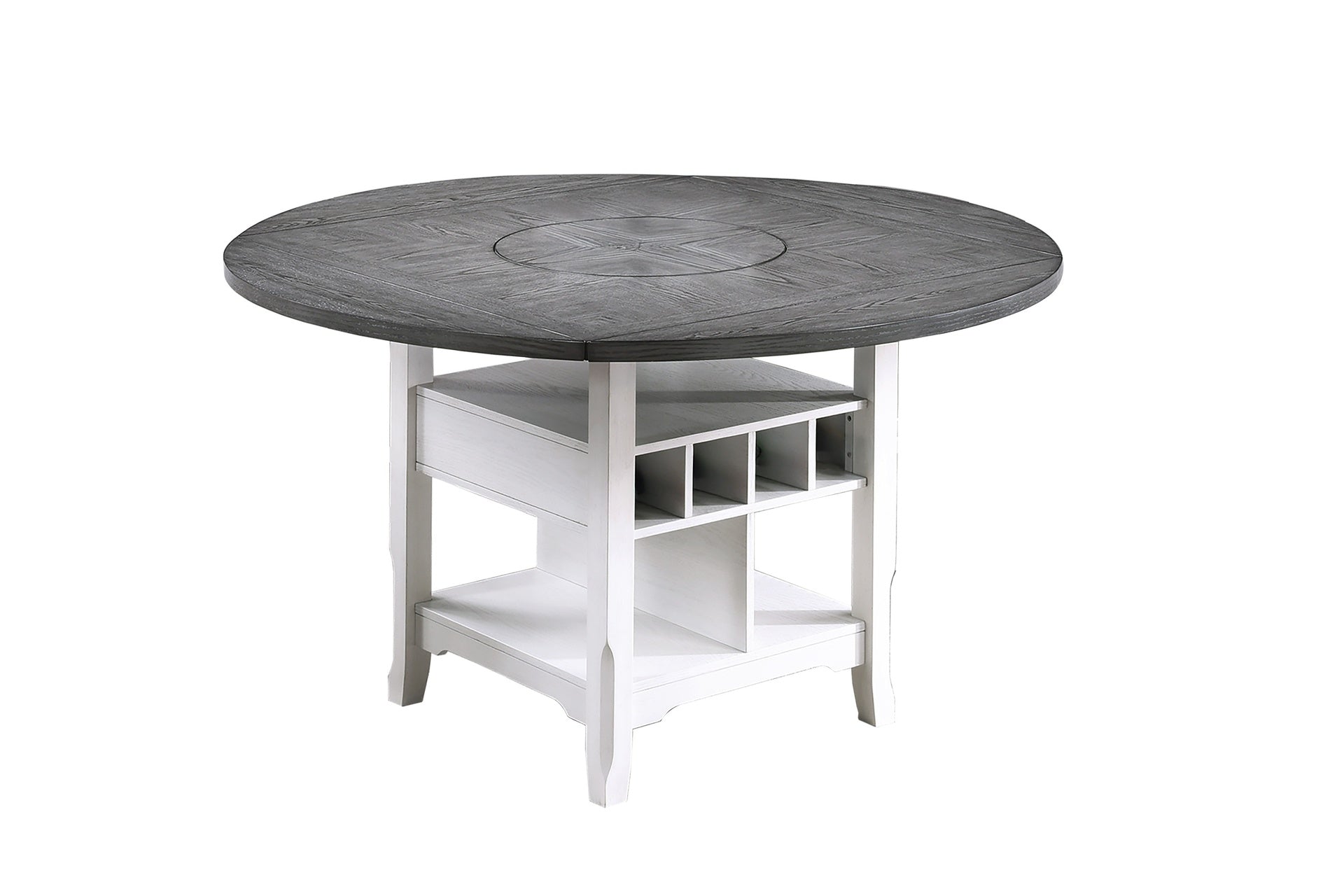 Dining Room Antique White / Gray 1pc Counter Height Table w Built in Lazy Suzan Storage Shelf Dining Table Bottom Functional Kitchen Table