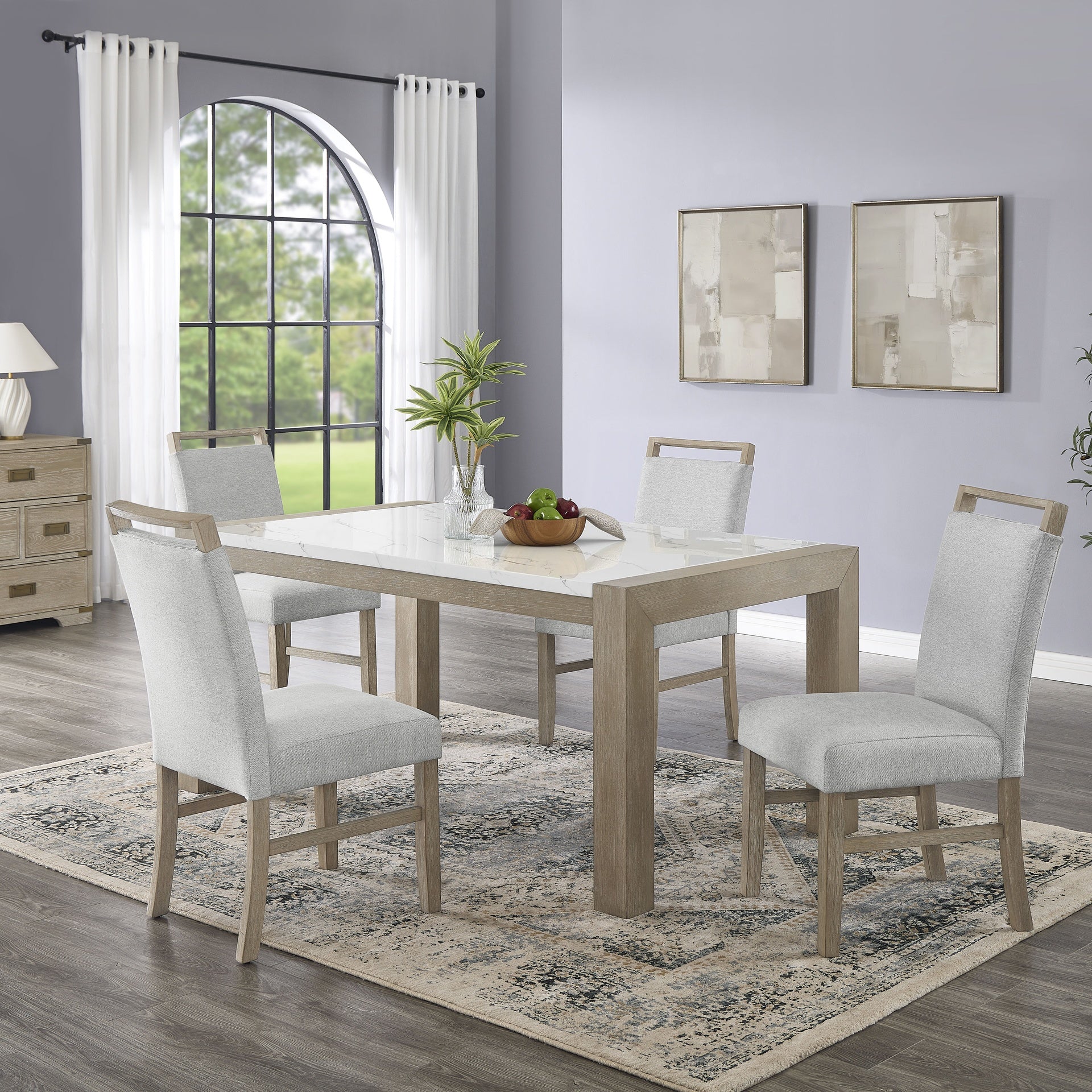 Tabitha 5Pc 66"W Rectangular White Faux Marble Top Dining Set in Light Oak Finish