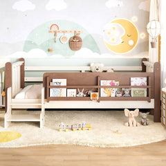 Twin Size Floor Bed with Storage Bookcases, Solid Wood Kids Floor Bed with Cute Stairs and Guardrails, No Box Spring Needed, Beige