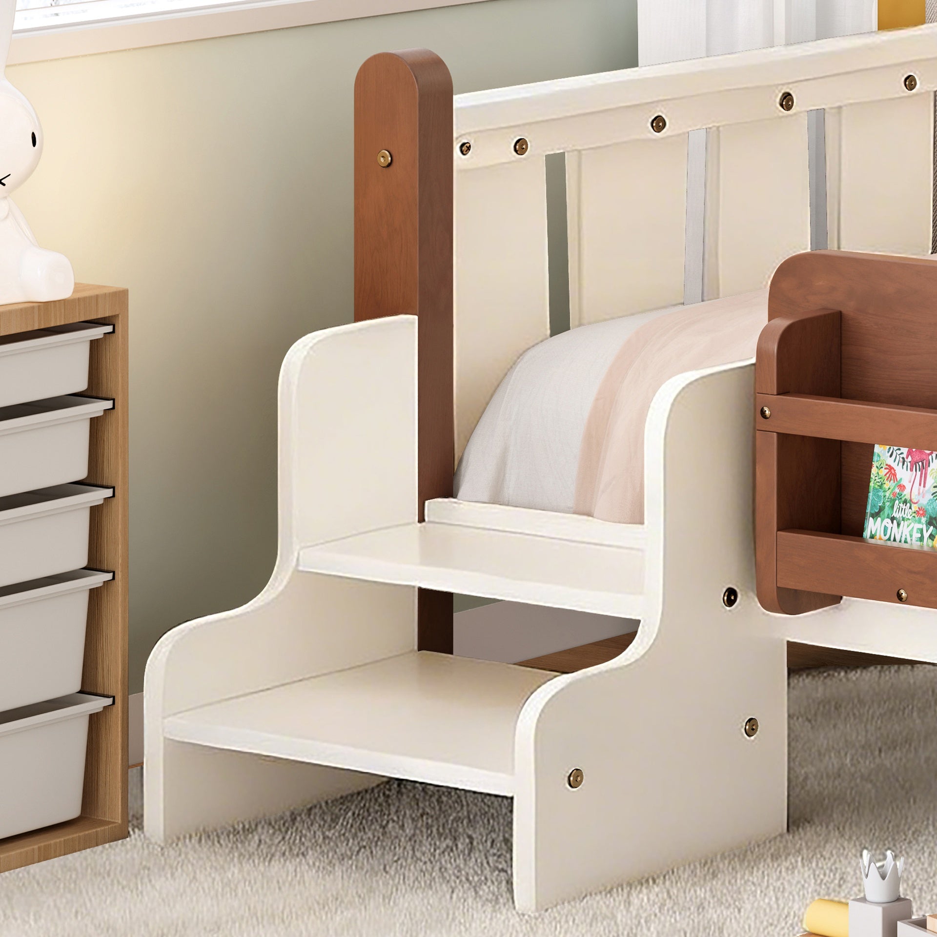 Twin Size Floor Bed with Storage Bookcases, Solid Wood Kids Floor Bed with Cute Stairs and Guardrails, No Box Spring Needed, Beige