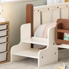 Twin Size Floor Bed with Storage Bookcases, Solid Wood Kids Floor Bed with Cute Stairs and Guardrails, No Box Spring Needed, Beige