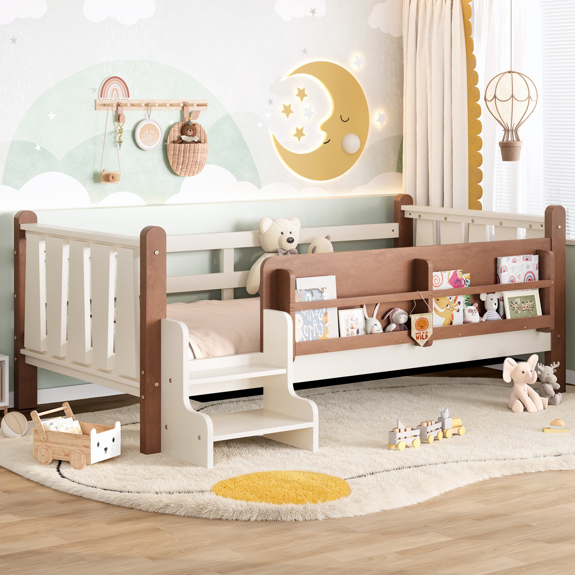 Twin Size Floor Bed with Storage Bookcases, Solid Wood Kids Floor Bed with Cute Stairs and Guardrails, No Box Spring Needed, Beige