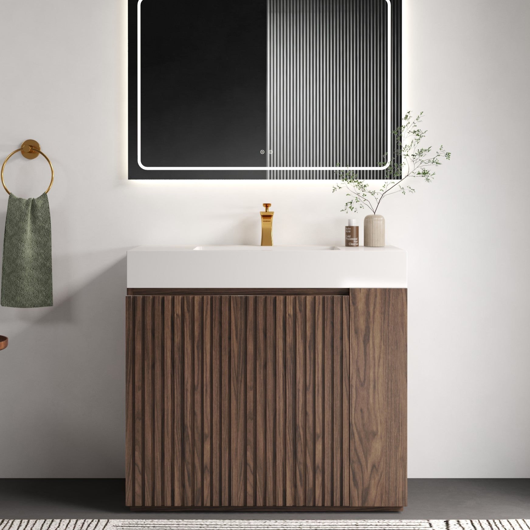 GALAN 36F" Winston Walnut Bathroom Vanity with Sink, Large Storage Freestanding Bathroom Vanity for Modern Bathroom, One-Piece White Quartz Sink Basin without Drain and Faucet, KD