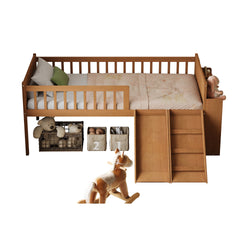 Twin Bed Frame with Storage Shelf, Wooden Bed Frame with Slide and Ladder,Platform Twin Size Bed with Guardrail, No Box Spring Needed, Easy Assembly, Light Walnut