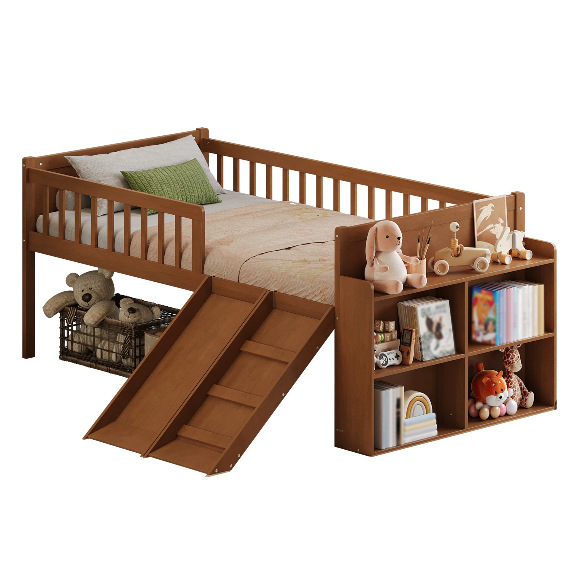 Twin Bed Frame with Storage Shelf, Wooden Bed Frame with Slide and Ladder,Platform Twin Size Bed with Guardrail, No Box Spring Needed, Easy Assembly, Light Walnut