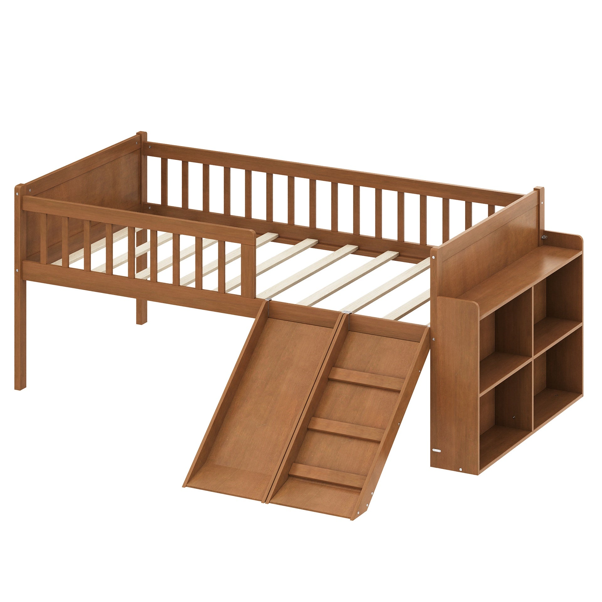 Twin Bed Frame with Storage Shelf, Wooden Bed Frame with Slide and Ladder,Platform Twin Size Bed with Guardrail, No Box Spring Needed, Easy Assembly, Light Walnut