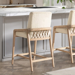 Arizona 25.5" Solid Ash Wood Upholstered Counter Stool with Rope Detail, Crème de la Crème White Faux Fur