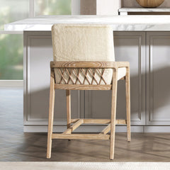 Arizona 25.5" Solid Ash Wood Upholstered Counter Stool with Rope Detail, Crème de la Crème White Faux Fur