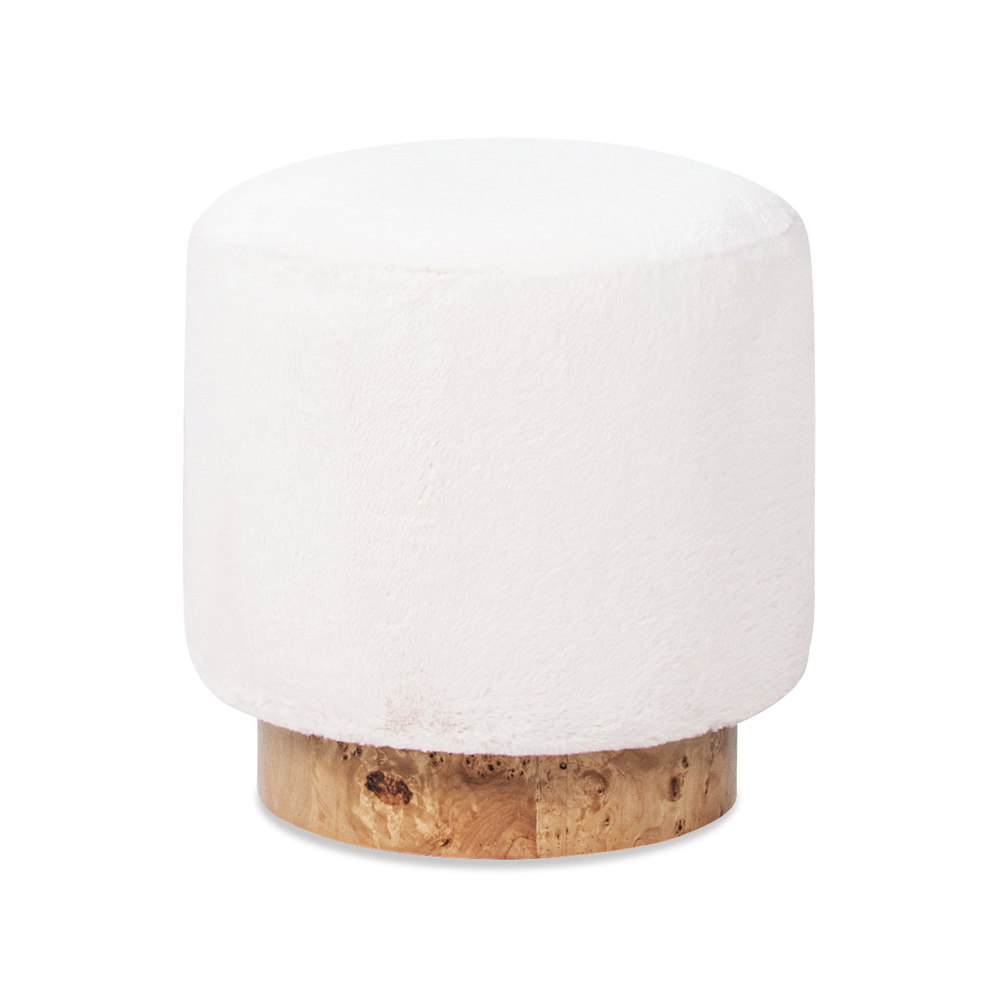 Tilly 16.5" Round Fur Upholstered & Burl Pouf Ottoman, Cottontail White Faux Fur