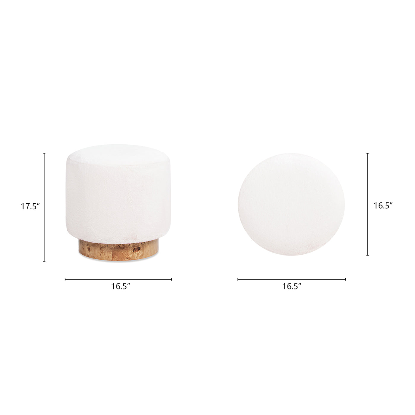 Tilly 16.5" Round Fur Upholstered & Burl Pouf Ottoman, Cottontail White Faux Fur