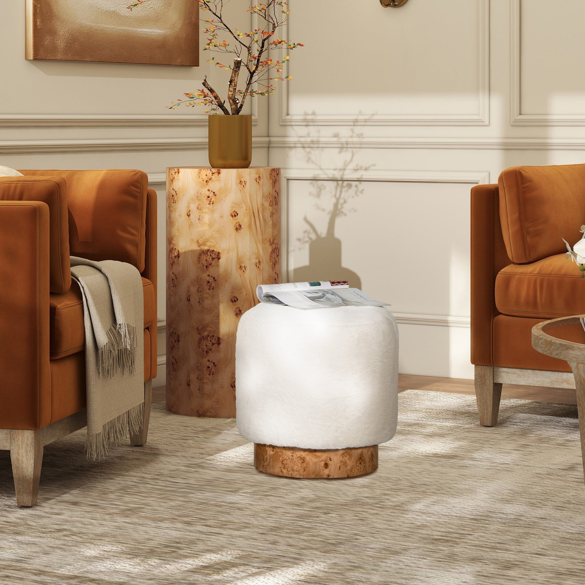 Tilly 16.5" Round Fur Upholstered & Burl Pouf Ottoman, Cottontail White Faux Fur