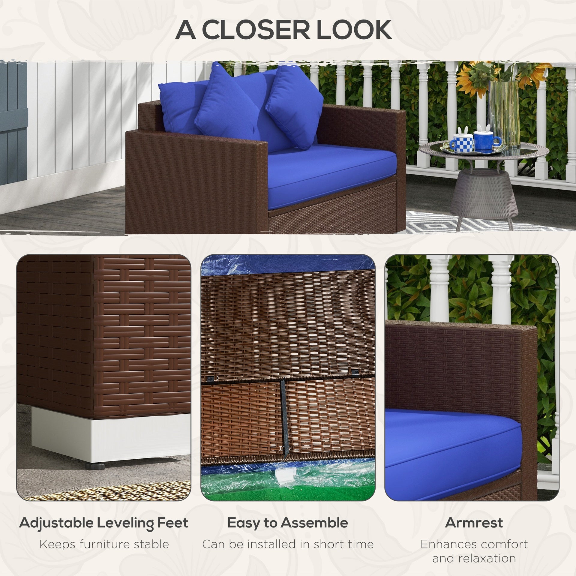 Outsunny Patio Wicker Loveseat with Cushions, 2-Seat Outdoor PE Rattan Couch Sofa with Throw Pillows, for Porch, Backyard, Garden, Poolside, Blue