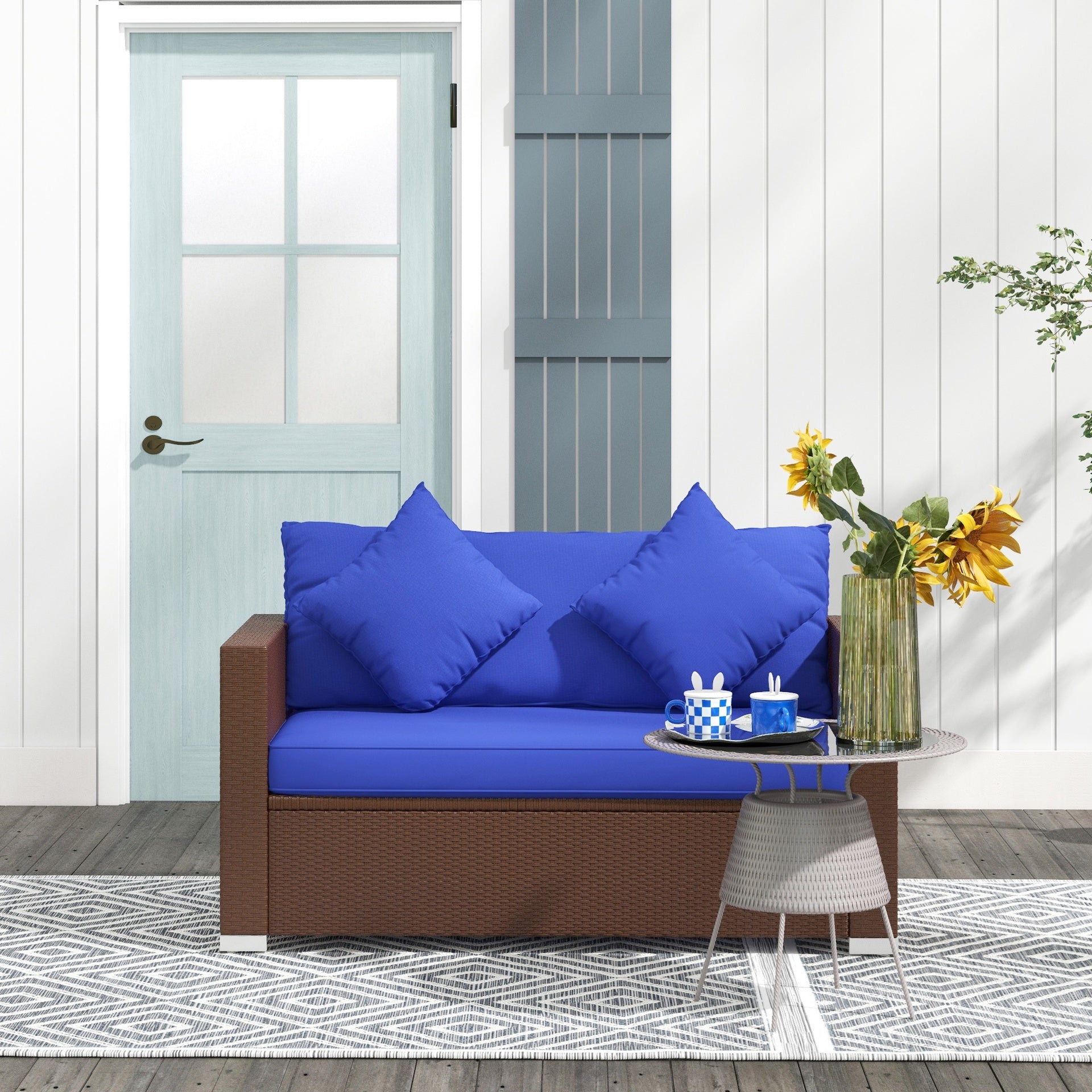 Outsunny Patio Wicker Loveseat with Cushions, 2-Seat Outdoor PE Rattan Couch Sofa with Throw Pillows, for Porch, Backyard, Garden, Poolside, Blue