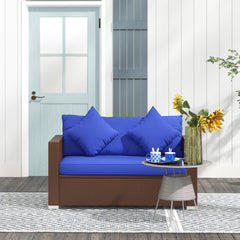 Outsunny Patio Wicker Loveseat with Cushions, 2-Seat Outdoor PE Rattan Couch Sofa with Throw Pillows, for Porch, Backyard, Garden, Poolside, Blue