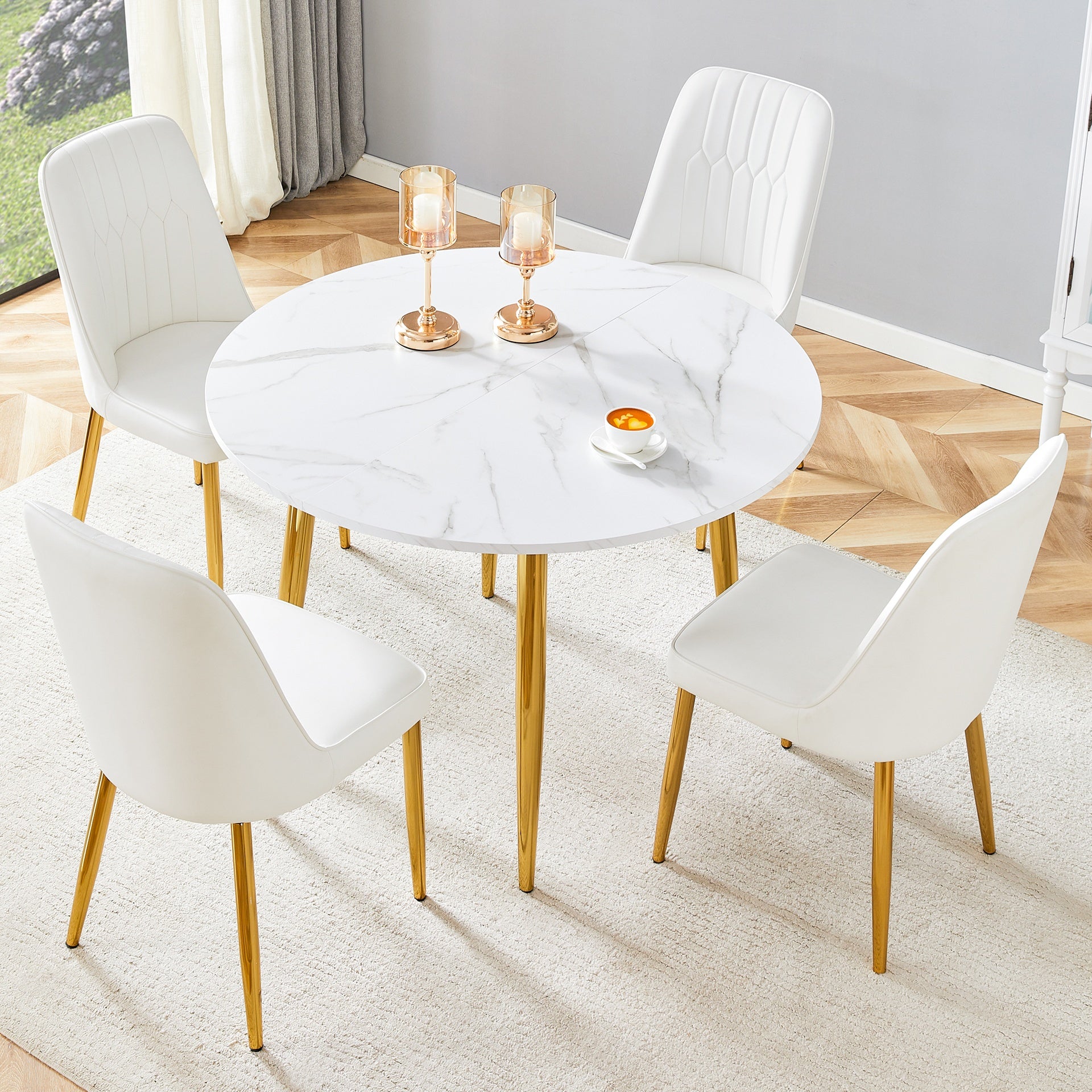 Table and chair set.Extendable MDF Dining Table.The pull-out table is suitable for gatherings of different size.Paired with 4 White PU Chairs with Simple Line Designs On The Backrest.