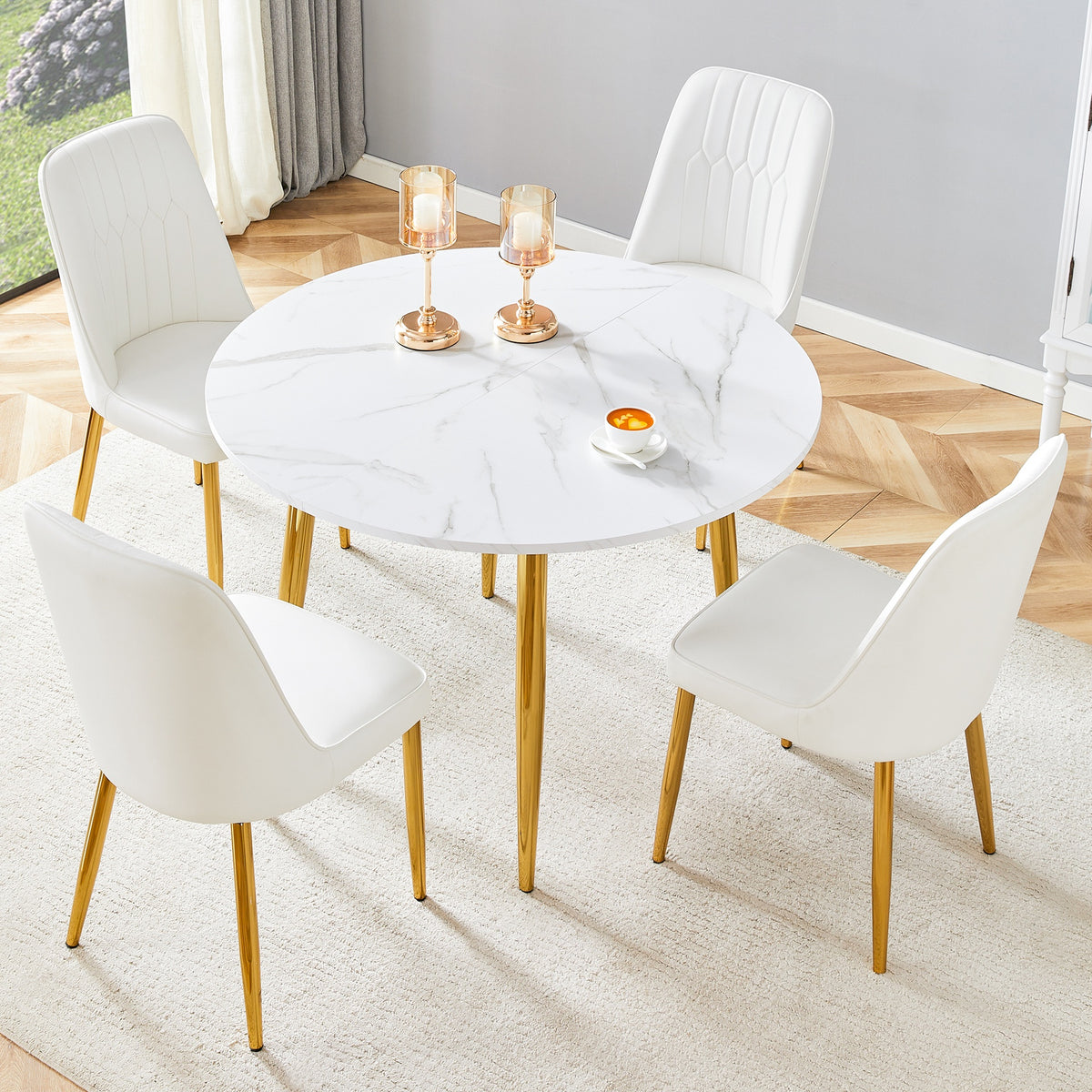 Table and chair set.Extendable MDF Dining Table.The pull-out table is suitable for gatherings of different size.Paired with 4 White PU Chairs with Simple Line Designs On The Backrest.