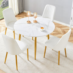 Table and chair set.Extendable MDF Dining Table.The pull-out table is suitable for gatherings of different size.Paired with 4 White PU Chairs with Simple Line Designs On The Backrest.