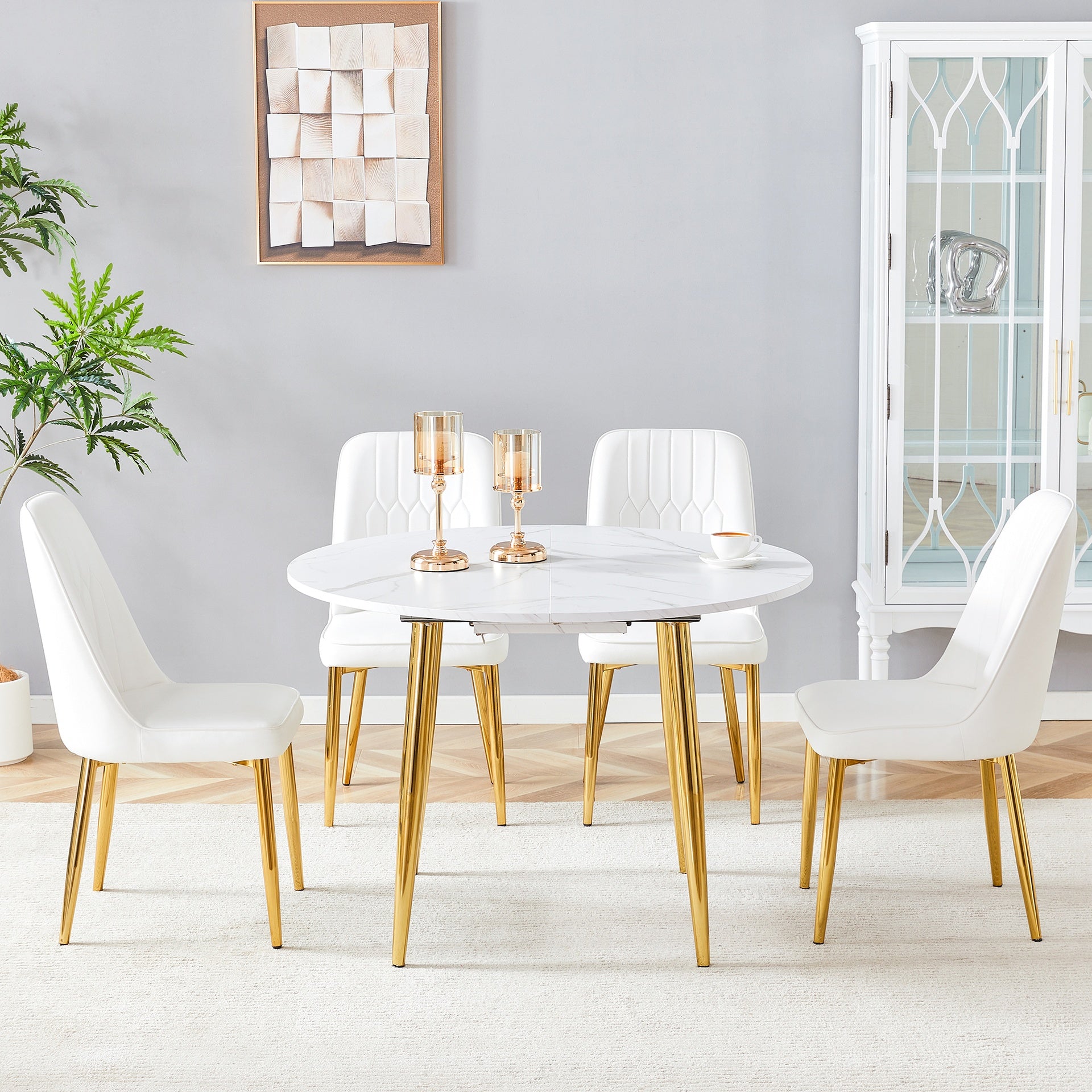Table and chair set.Extendable MDF Dining Table.The pull-out table is suitable for gatherings of different size.Paired with 4 White PU Chairs with Simple Line Designs On The Backrest.