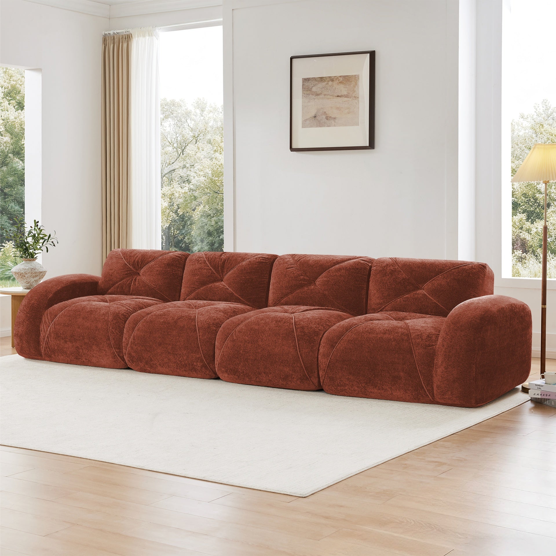 140''Soft Velvet  Fabric,Boneless Sofa With Tufted,32D High Density Sponge,Ergonomic Design Bottom,No Assembly Required,Bottom Anti-Slip Design,For Living Rooms,Home Theater,Red Brown