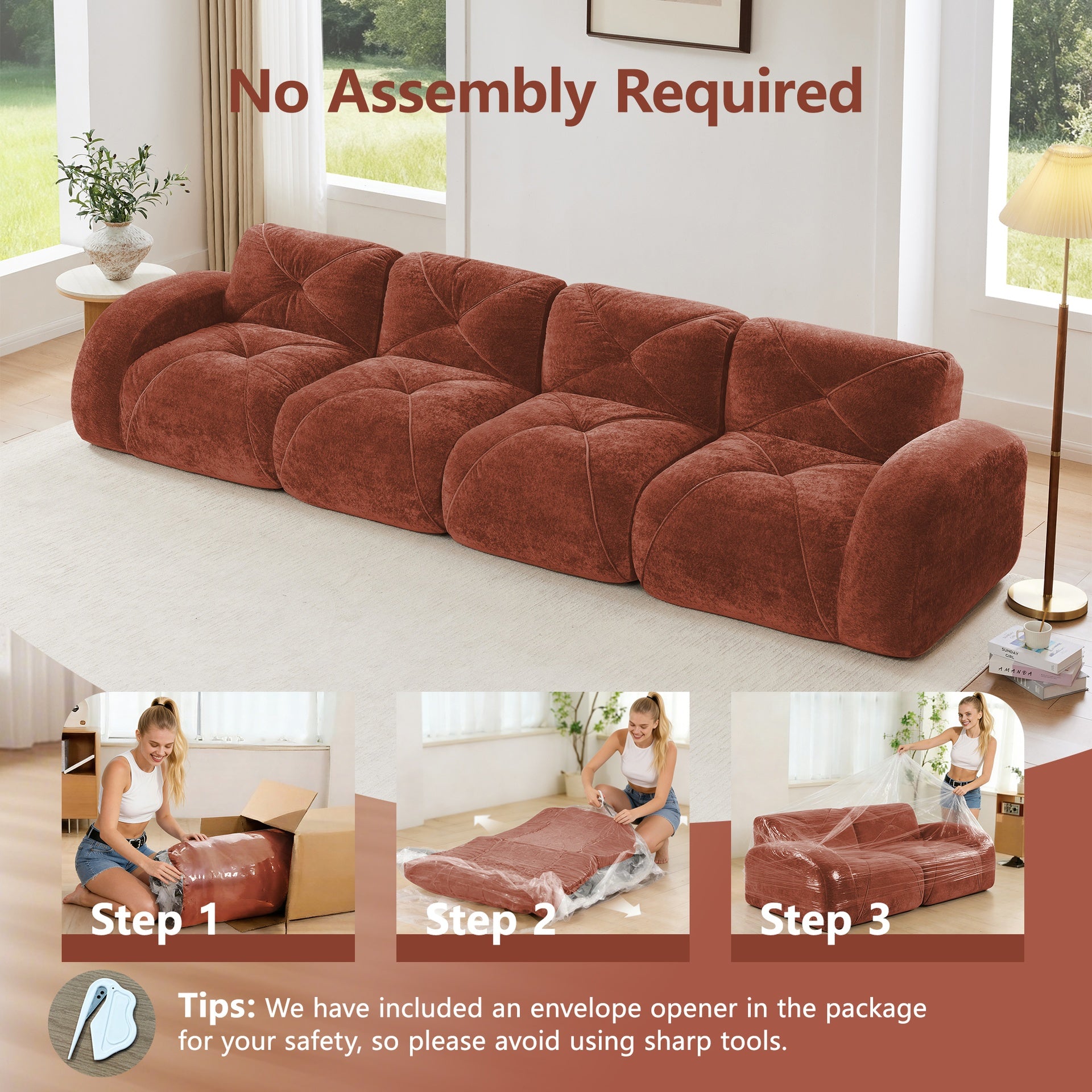140''Soft Velvet  Fabric,Boneless Sofa With Tufted,32D High Density Sponge,Ergonomic Design Bottom,No Assembly Required,Bottom Anti-Slip Design,For Living Rooms,Home Theater,Red Brown