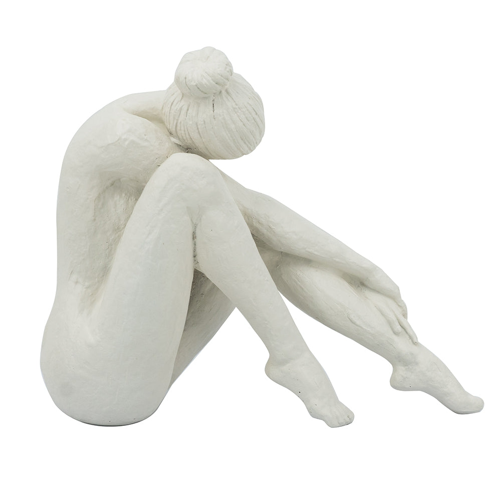 10.5x4.5x9" Seated Stone and Resin Woman Figurine with Smooth White Finish