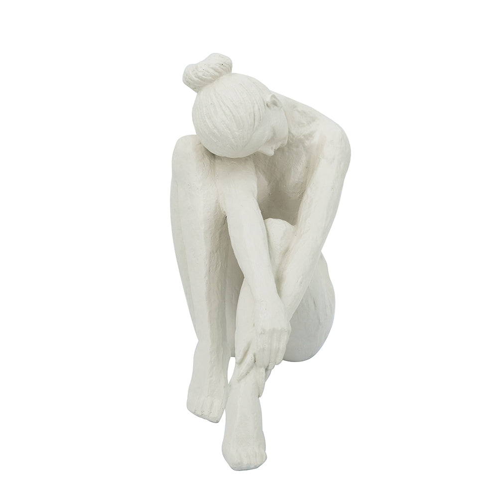 10.5x4.5x9" Seated Stone and Resin Woman Figurine with Smooth White Finish