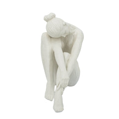 10.5x4.5x9" Seated Stone and Resin Woman Figurine with Smooth White Finish