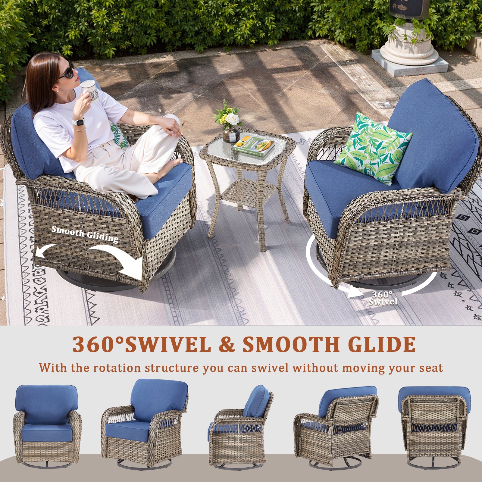 Outdoor Glider Chairs Set of 2, Gray Wicker Patio Furniture Swivel Rockers with T Shape-Back Cushions and 5" Thick Foam, Ideal for Porch and Yard, Blue