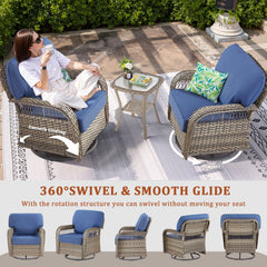 Outdoor Glider Chairs Set of 2, Gray Wicker Patio Furniture Swivel Rockers with T Shape-Back Cushions and 5" Thick Foam, Ideal for Porch and Yard, Blue