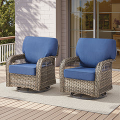 Outdoor Glider Chairs Set of 2, Gray Wicker Patio Furniture Swivel Rockers with T Shape-Back Cushions and 5" Thick Foam, Ideal for Porch and Yard, Blue