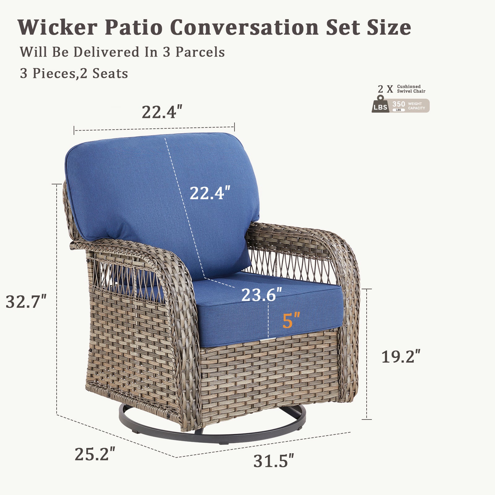 Outdoor Glider Chairs Set of 2, Gray Wicker Patio Furniture Swivel Rockers with T Shape-Back Cushions and 5" Thick Foam, Ideal for Porch and Yard, Blue