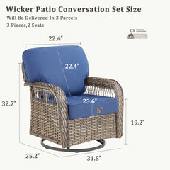 Outdoor Glider Chairs Set of 2, Gray Wicker Patio Furniture Swivel Rockers with T Shape-Back Cushions and 5" Thick Foam, Ideal for Porch and Yard, Blue