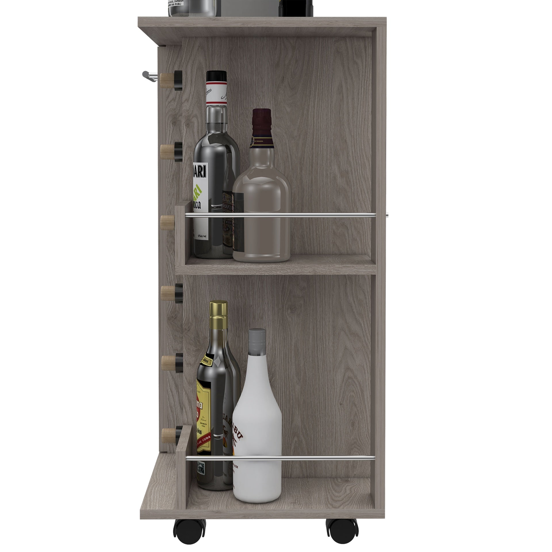 Bar Cart, Two External Shelves, Four Casters, Six Built-in Wine Rack, Single Door Cabinet -Light Gray