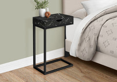 Accent Table, C-shaped, End, Side, Snack, Storage Drawer, Living Room, Bedroom, Black Marble Look Laminate, Black Metal, Contemporary, Modern