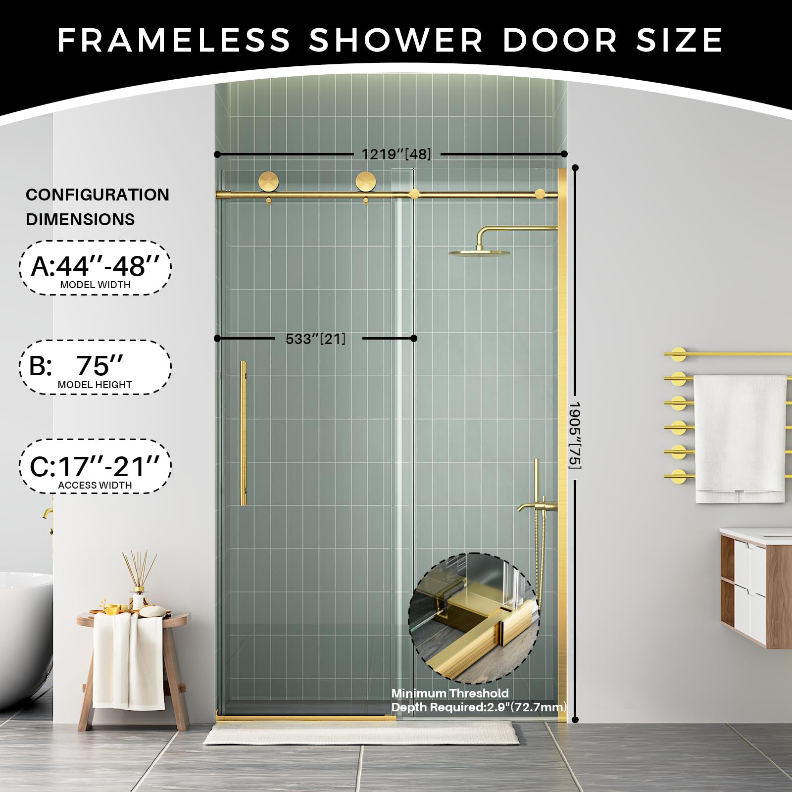 Frameless Shower Door, 44-48 in W x 75 in H,Sliding Shower Door with 5/16"(8mm) Clear Tempered Glass Shower Door,Explosion-Proof Film Nano Coating,Easy to Clean,Brushed Gold