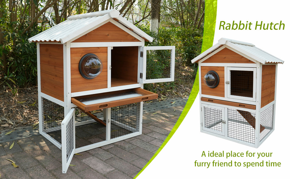 Rabbit Hutch Outdoor, Bunny Cage with Waterproof Roof, Removable Pull Out Tray,  2-tier Wooden Rabbit House for Small Animals, Rabbit Enclosure Suits for Guinea Pigs, Hamster,.Viewing Window Design