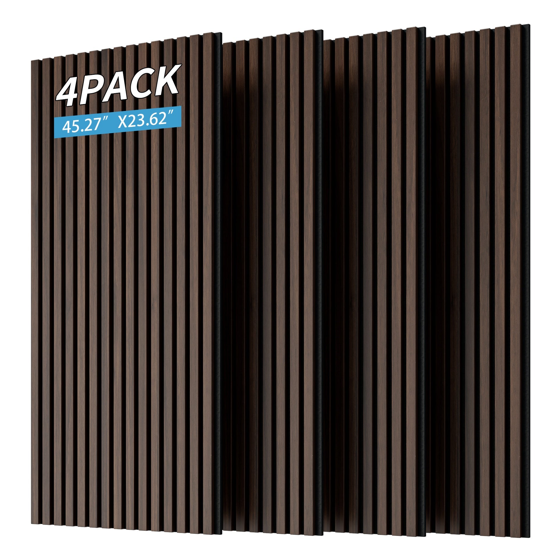 Wood Panels for Wall Slat Wall Panels, 4PC Wood Slat Acoustic Panels for Wall and Ceiling - 3D Fluted Sound Absorbing Panel with Three Sides Fully Wrapped on  Wood Finish -45.27''X23.62''(Dark walnut)