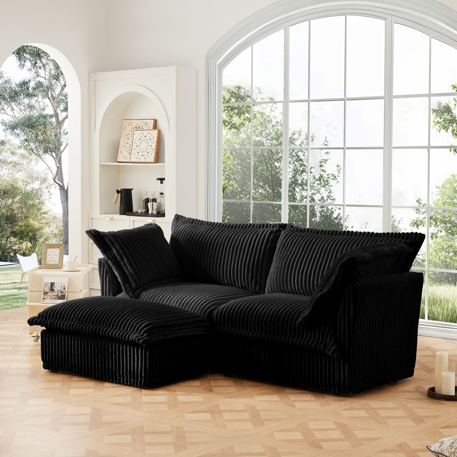 Slipcovered Sectional 2 Seater Sofa Couch with Convertible Ottoman, Wide and Deep Seat L Shaped Sofa with Detachable Cover and Soft Multiple Big Pillows,Black Corduroy Fabric