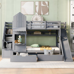 Twin-Over-Twin Castle Style Bunk Bed with 2 Drawers 3 Shelves and Slide - Gray(OLD SKU:LT000559AAE-1)